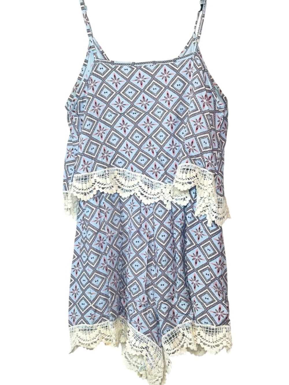 Francesca’s Boutique Blue Diamond Print Crochet Trim Romper size XS